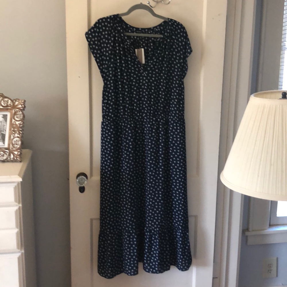 Navy printed midi J. Crew Mercantile dress.
